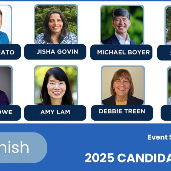 A collage of headshot images featuring a diverse group of individuals including Josh Amato, Jisha Govin, Michael Boyer, Sid Gupta, Karen Howe, Amy Lam, Debbie Treen, and Lin Yang. Each person is smiling and dressed in casual clothing. The context suggests a connection to the 2025 candidate forum sponsored by PSE Puget Sound Energy.