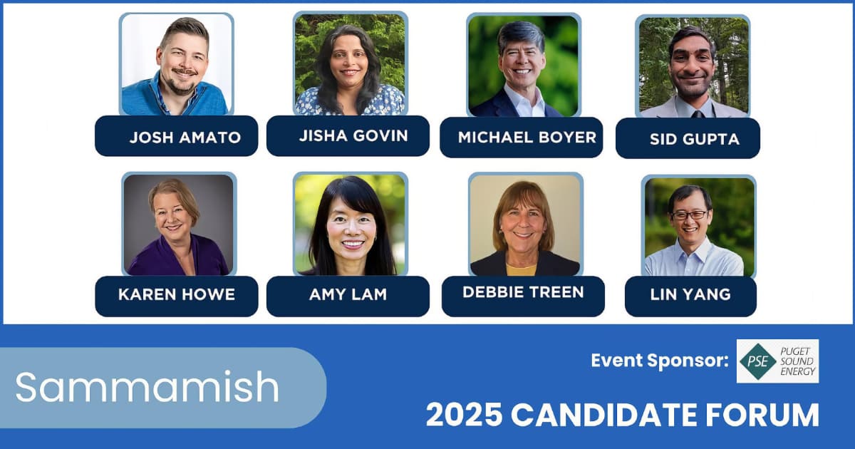 A collage of headshot images featuring a diverse group of individuals including Josh Amato, Jisha Govin, Michael Boyer, Sid Gupta, Karen Howe, Amy Lam, Debbie Treen, and Lin Yang. Each person is smiling and dressed in casual clothing. The context suggests a connection to the 2025 candidate forum sponsored by PSE Puget Sound Energy.
