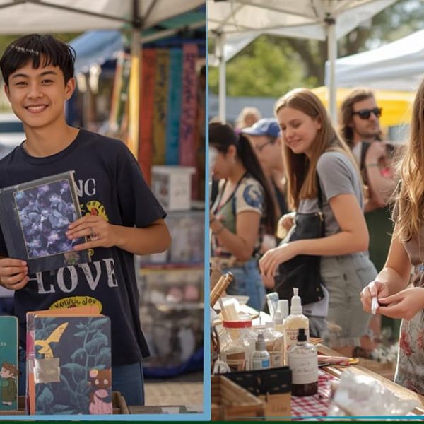 Two photos side by side show people smiling at an outdoor market. On the left, two boys hold books at a stall. On the right, a girl stands at a table with handmade goods, with other shoppers in the background.