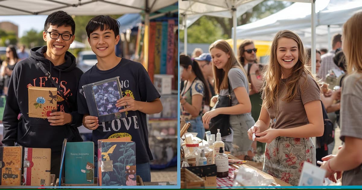 Two photos side by side show people smiling at an outdoor market. On the left, two boys hold books at a stall. On the right, a girl stands at a table with handmade goods, with other shoppers in the background.