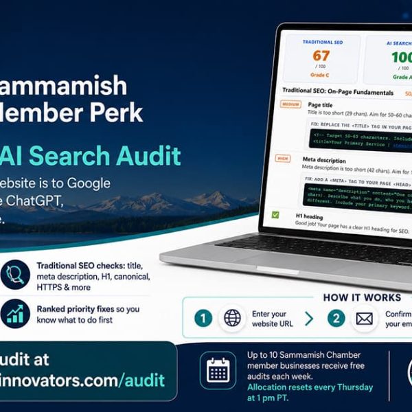 A digital ad offers a free SEO and AI search audit for Sammamish Chamber members, featuring a sample website analysis and icons. It prompts users to claim the audit at stewardshipinnovators.com/audit.