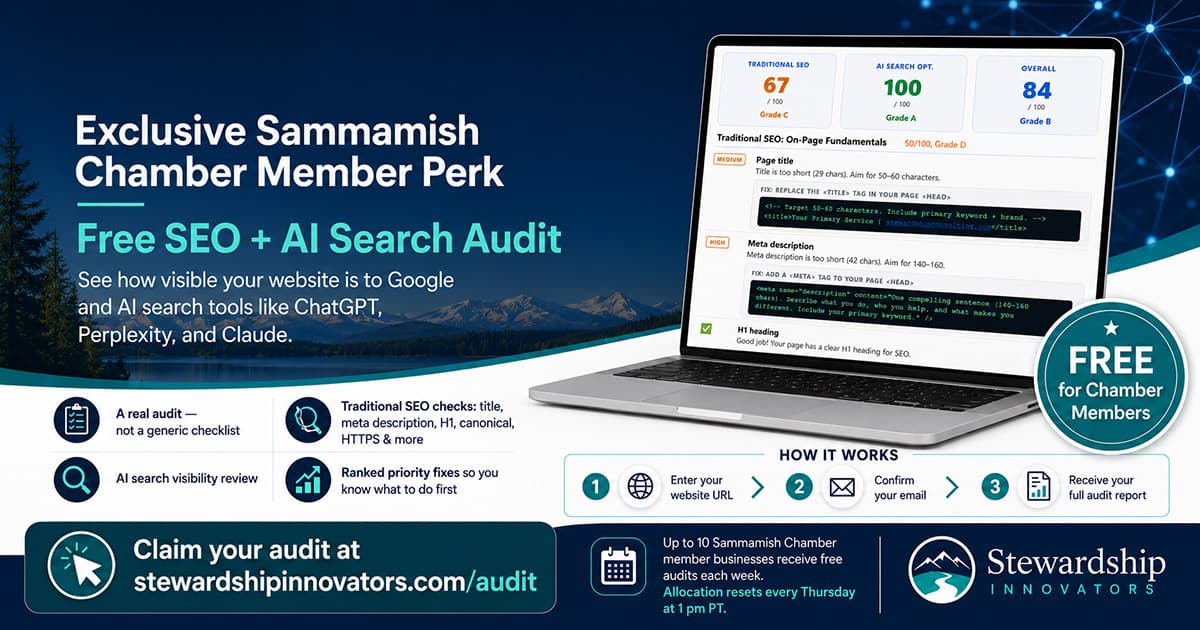 A digital ad offers a free SEO and AI search audit for Sammamish Chamber members, featuring a sample website analysis and icons. It prompts users to claim the audit at stewardshipinnovators.com/audit.