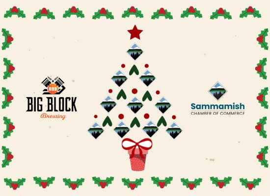 Holiday greeting card featuring a Christmas tree made of diamond-shaped mountain icons, flanked by the Big Block Brewing and Sammamish Chamber of Commerce logos, all framed by a holly leaf border.
