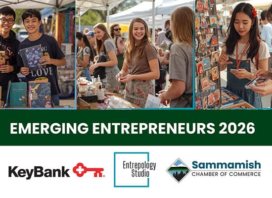 Young adults at an outdoor market booth displaying artwork and crafts, smiling and interacting with each other. Text reads Emerging Entrepreneurs 2026 with logos for KeyBank, Entrepology Studio, and Sammamish Chamber of Commerce.