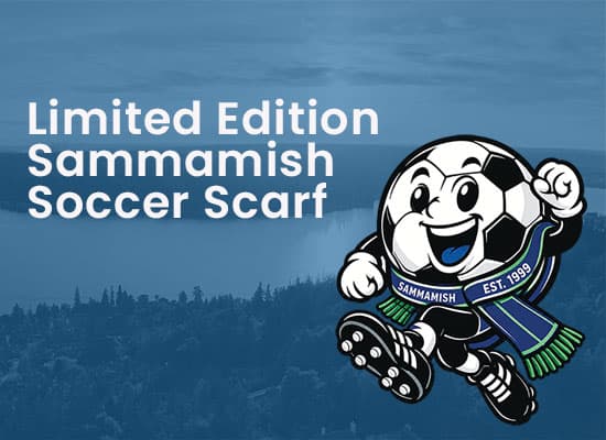 Cartoon soccer ball mascot with a scarf runs beside text: Limited Edition Sammamish Soccer Scarf. Background is a blue-toned aerial view of a landscape with trees and water.