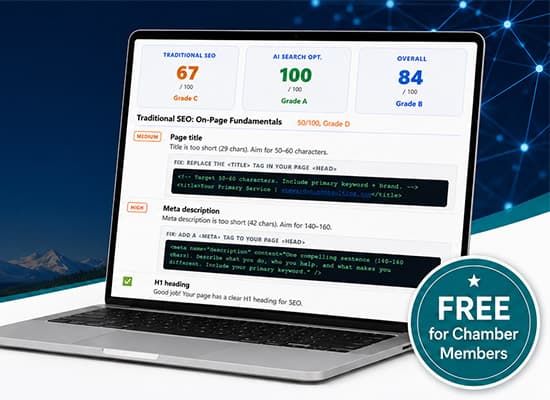 A laptop displays an SEO analysis tool showing scores for Traditional SEO, AI Search Output, and Overall, along with recommendations for page title, meta description, and H1 heading. A badge reads FREE for Chamber Members.
