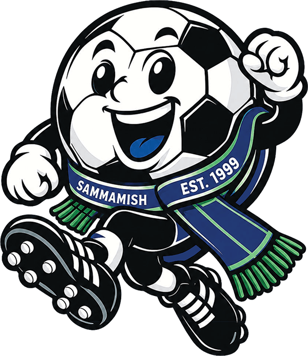 Cartoon soccer ball character with arms and legs, smiling and wearing a blue and green scarf that reads Sammamish Est. 1999 while running energetically.