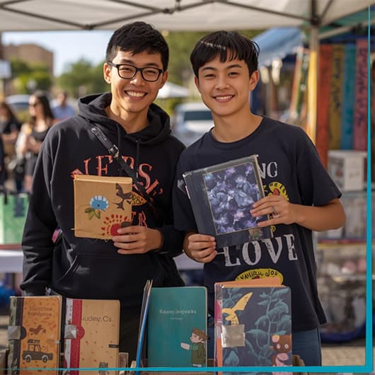 Two smiling young men stand at an outdoor market booth, each holding a colorful notebook. Several illustrated notebooks are displayed on the table in front of them under a white canopy.