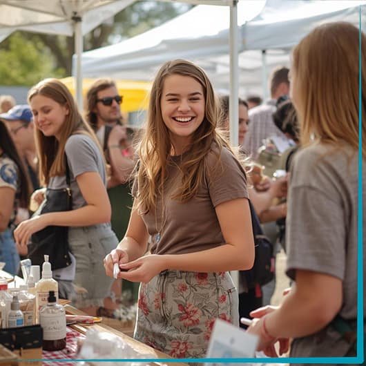A young woman smiles while selling handmade goods at an outdoor market, surrounded by other people browsing stalls under white tents on a sunny day.