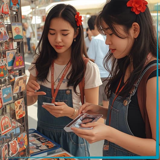 Two young women with long dark hair and red flower clips browse colorful magnets and postcards at an outdoor market stall. They are smiling and appear to be enjoying their shopping experience.