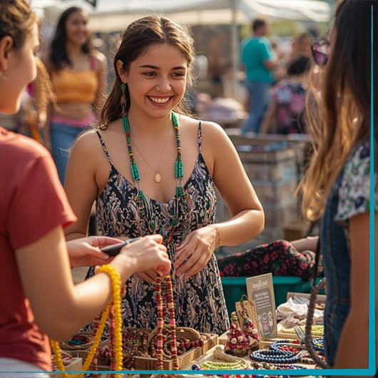 A young woman smiles while selling handmade jewelry at an outdoor market, interacting with shoppers browsing colorful beaded necklaces and bracelets on a sunny day.