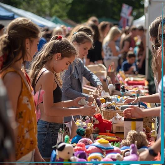Children and adults browse plush toys and colorful items at an outdoor market stall on a sunny day, with many people in the background enjoying the lively atmosphere.