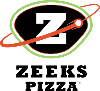 Zeeks Pizza logo featuring a large white Z on a black, oval background with a green outline and an orange, orbit-like swoosh. The words Zeeks Pizza are in bold, black letters below the logo.